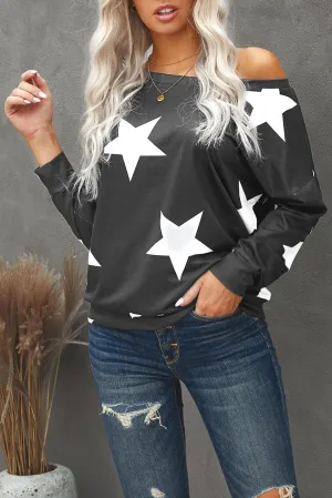 Fashion Five-pointed Star Print Round Neck Gray Sweatshirt
