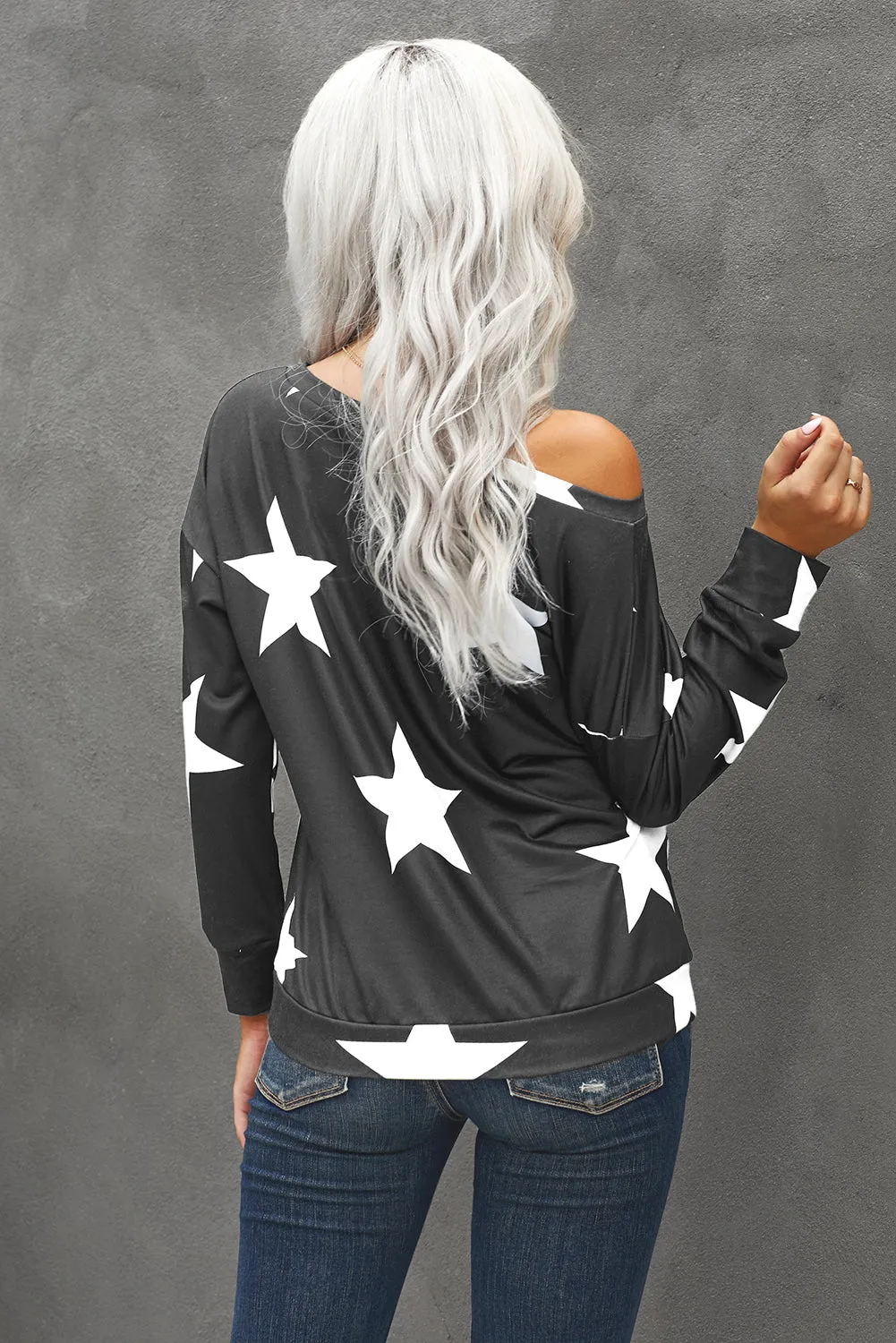 Fashion Five-pointed Star Print Round Neck Gray Sweatshirt