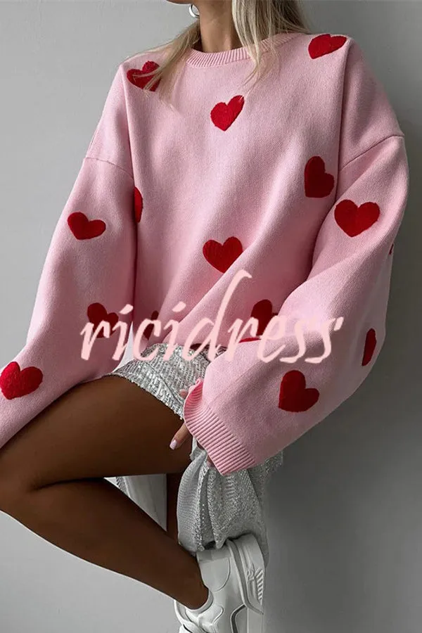 Fashionable Embroidered Love Loose Round Neck Long Sleeve Knitted Sweater