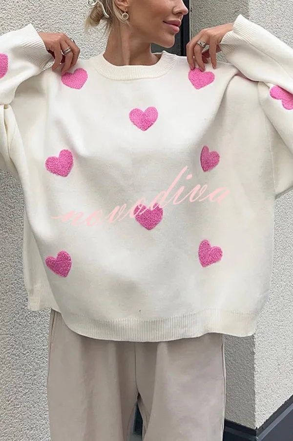 Fashionable Embroidered Love Loose Round Neck Long Sleeve Knitted Sweater