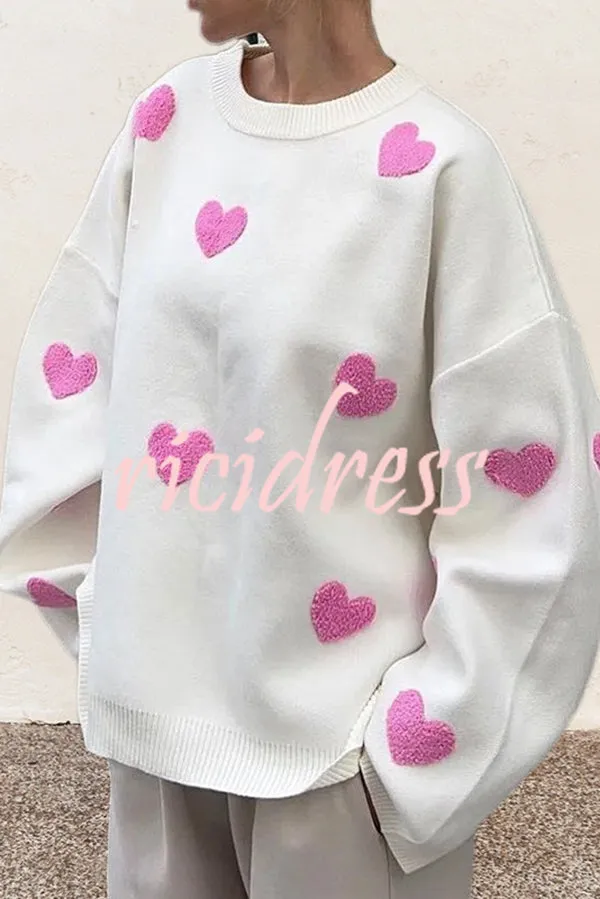 Fashionable Embroidered Love Loose Round Neck Long Sleeve Knitted Sweater