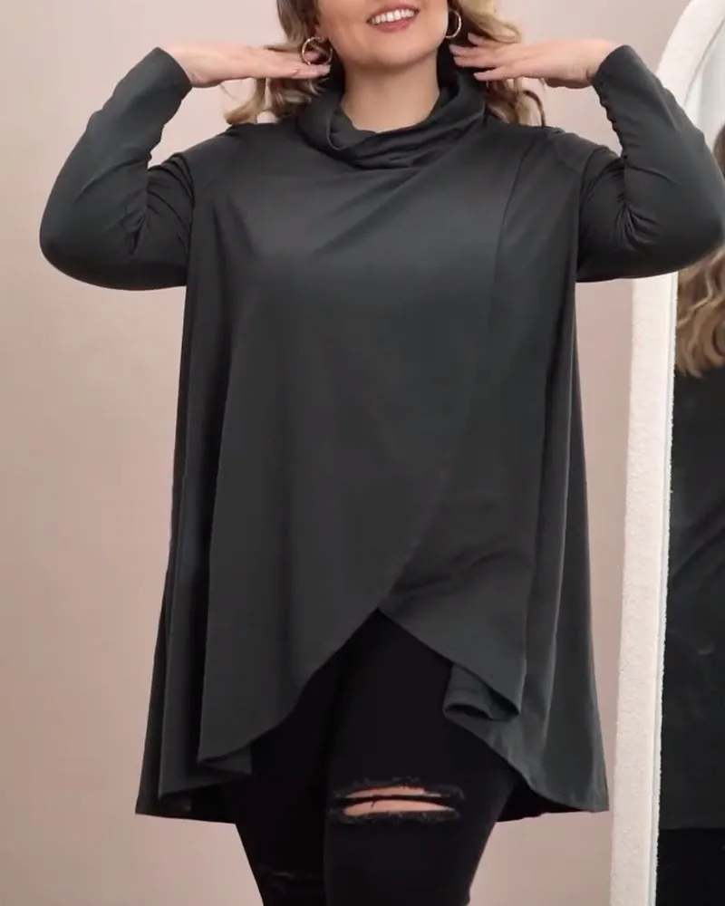 Fashionable solid color cowl collar long sleeve top