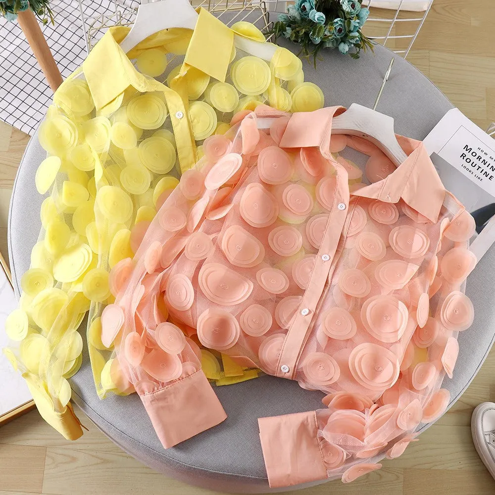 Fashionable Three-Dimensional Flowers Hollow Lantern Sleeve Chiffon Shirt Wholesale Womens Tops