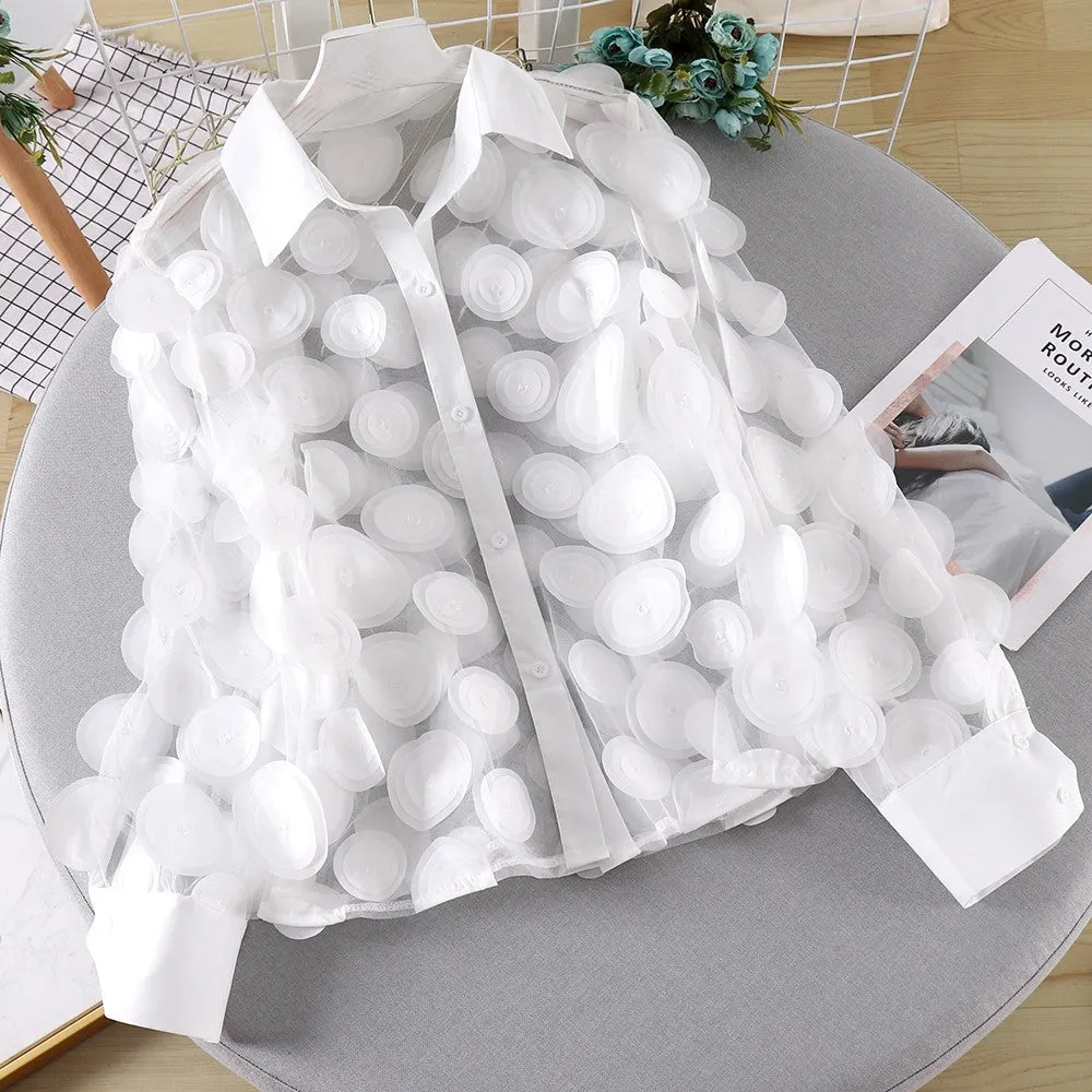 Fashionable Three-Dimensional Flowers Hollow Lantern Sleeve Chiffon Shirt Wholesale Womens Tops