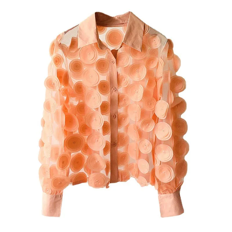 Fashionable Three-Dimensional Flowers Hollow Lantern Sleeve Chiffon Shirt Wholesale Womens Tops