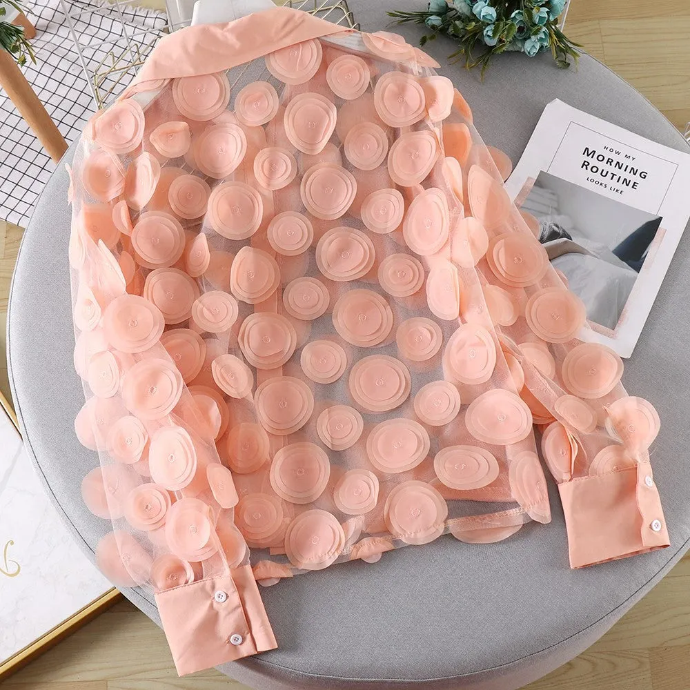 Fashionable Three-Dimensional Flowers Hollow Lantern Sleeve Chiffon Shirt Wholesale Womens Tops