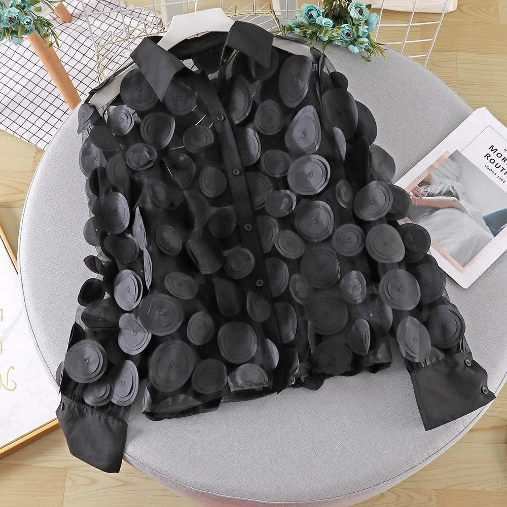 Fashionable Three-Dimensional Flowers Hollow Lantern Sleeve Chiffon Shirt Wholesale Womens Tops