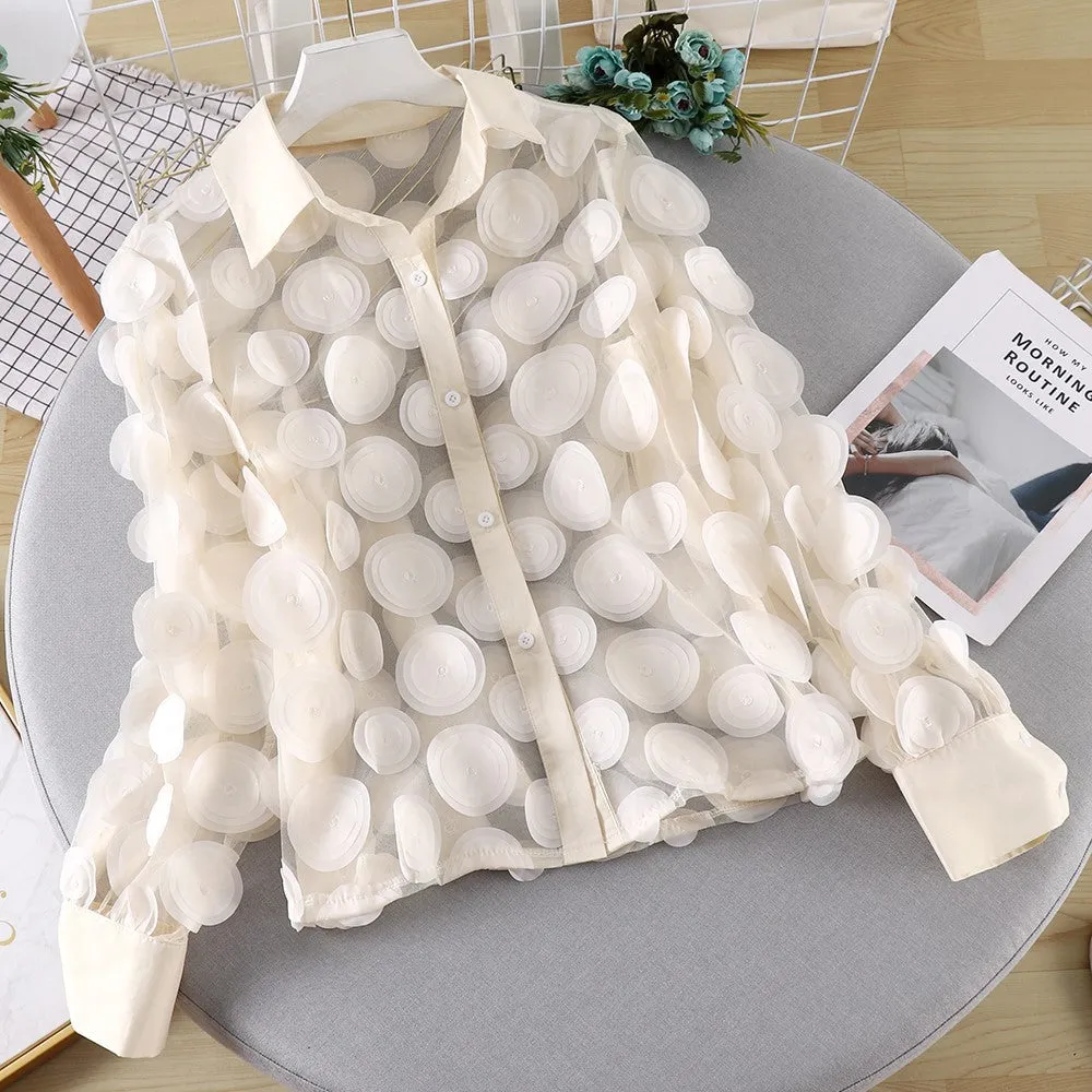 Fashionable Three-Dimensional Flowers Hollow Lantern Sleeve Chiffon Shirt Wholesale Womens Tops