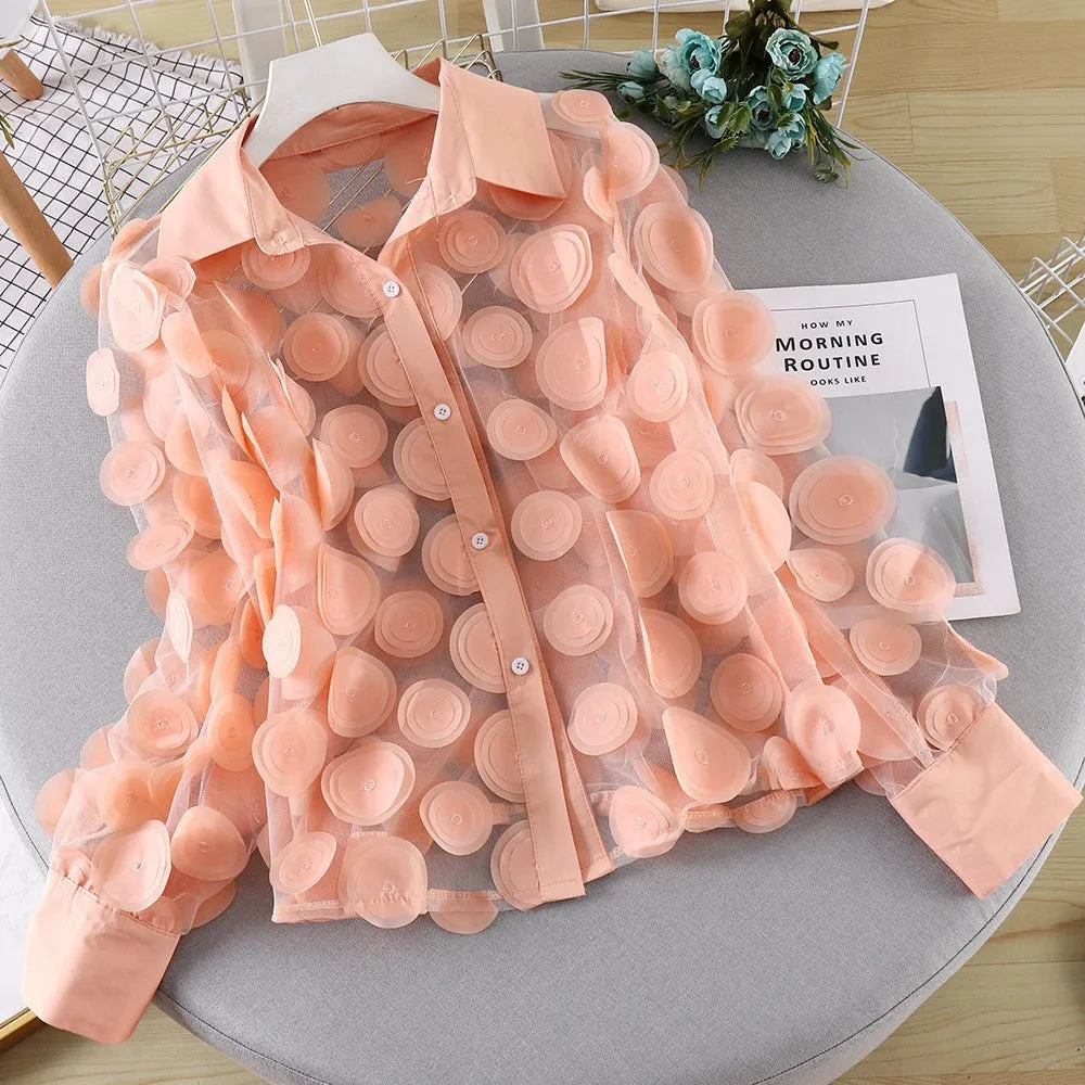 Fashionable Three-Dimensional Flowers Hollow Lantern Sleeve Chiffon Shirt Wholesale Womens Tops