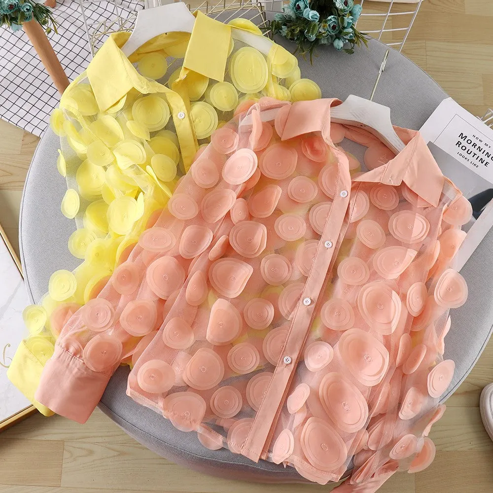 Fashionable Three-Dimensional Flowers Hollow Lantern Sleeve Chiffon Shirt Wholesale Womens Tops