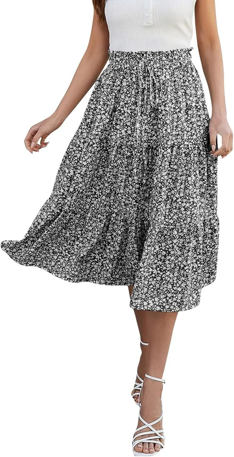 Floral Maxi Skirt for Women Summer Comfy Tiered Elastic High Waisted Skirts Vacation A-Line Flowy Swing Long Skirts