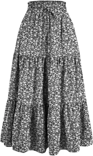Floral Maxi Skirt for Women Summer Comfy Tiered Elastic High Waisted Skirts Vacation A-Line Flowy Swing Long Skirts