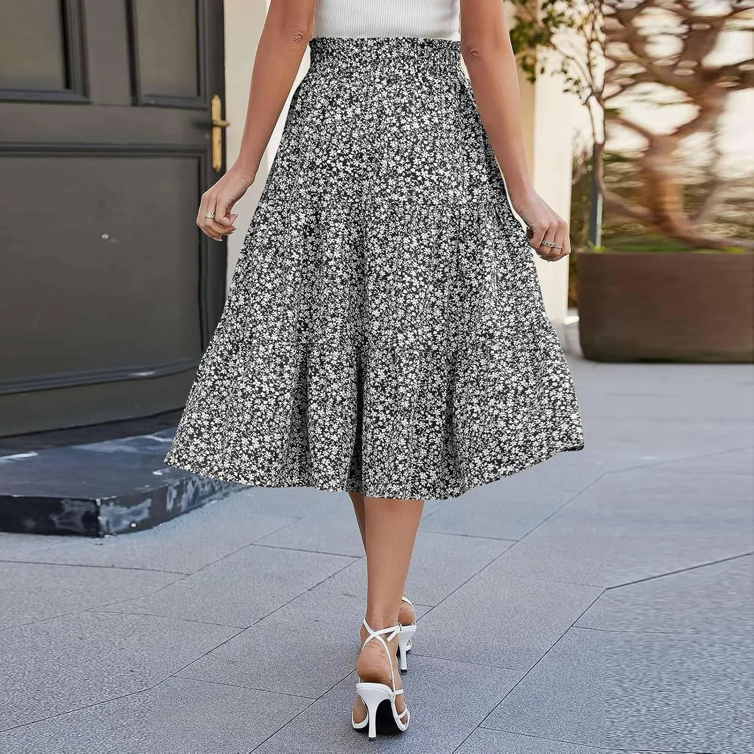 Floral Maxi Skirt for Women Summer Comfy Tiered Elastic High Waisted Skirts Vacation A-Line Flowy Swing Long Skirts