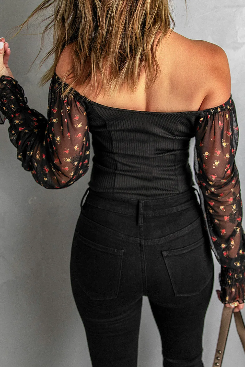 Floral Mesh Contrast Smocked Long Sleeve Ribbed Top