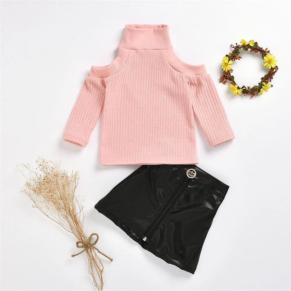Girls Off Shoulder Long Sleeve Sweaters & PU Skirt Toddler Girls Wholesale