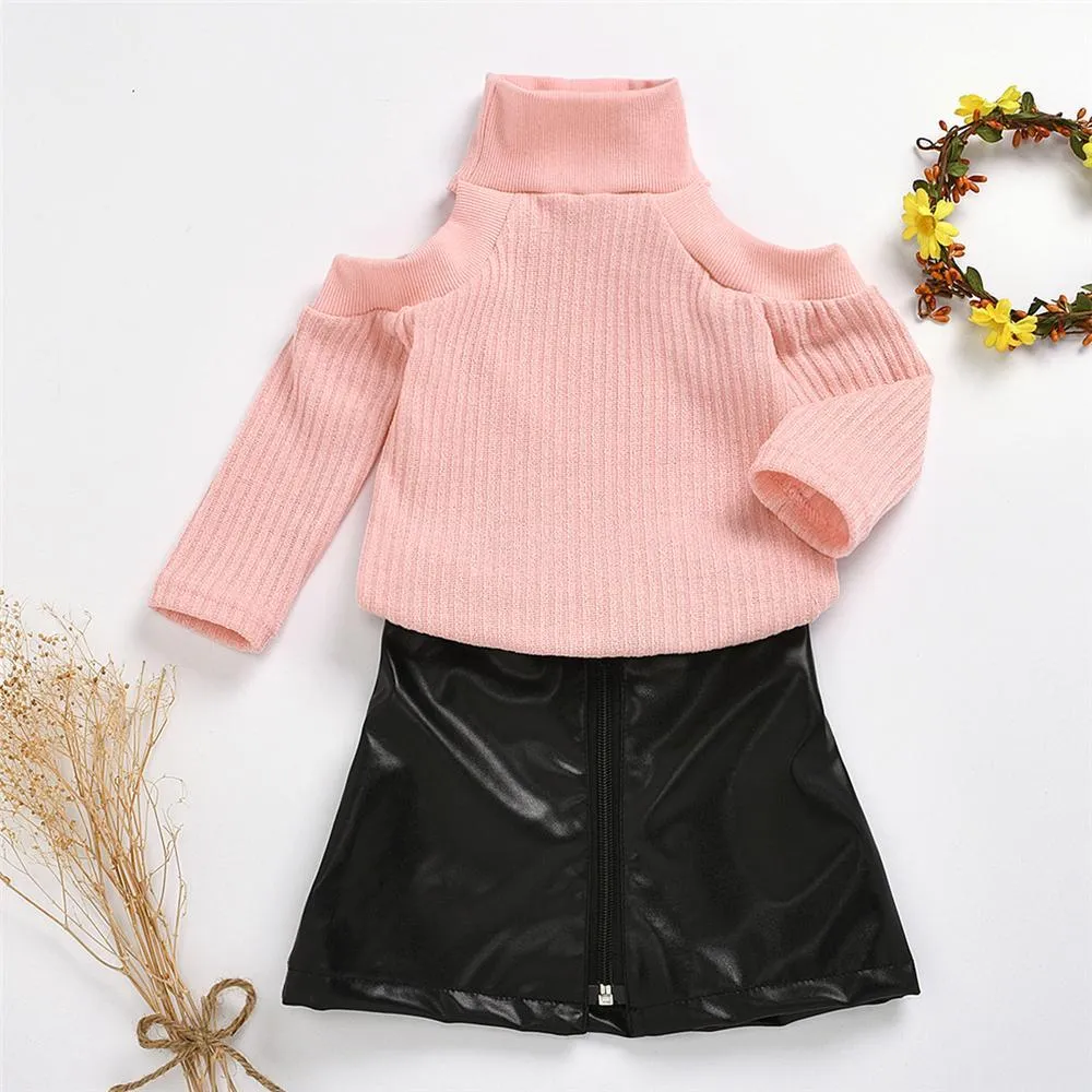 Girls Off Shoulder Long Sleeve Sweaters & PU Skirt Toddler Girls Wholesale