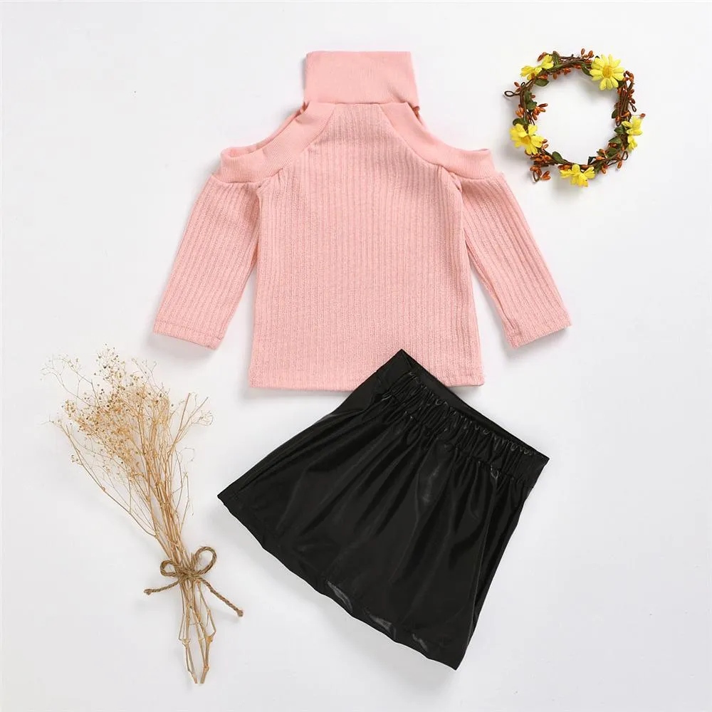 Girls Off Shoulder Long Sleeve Sweaters & PU Skirt Toddler Girls Wholesale