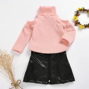 Girls Off Shoulder Long Sleeve Sweaters & PU Skirt Toddler Girls Wholesale
