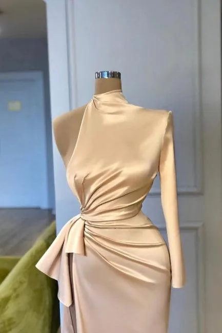 Glamorous high neck long sleeves column satin Evening dresses split front