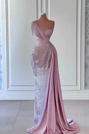 Gorgeous Long Mermaid One Shoulder Satin Beading Formal Prom Dresses