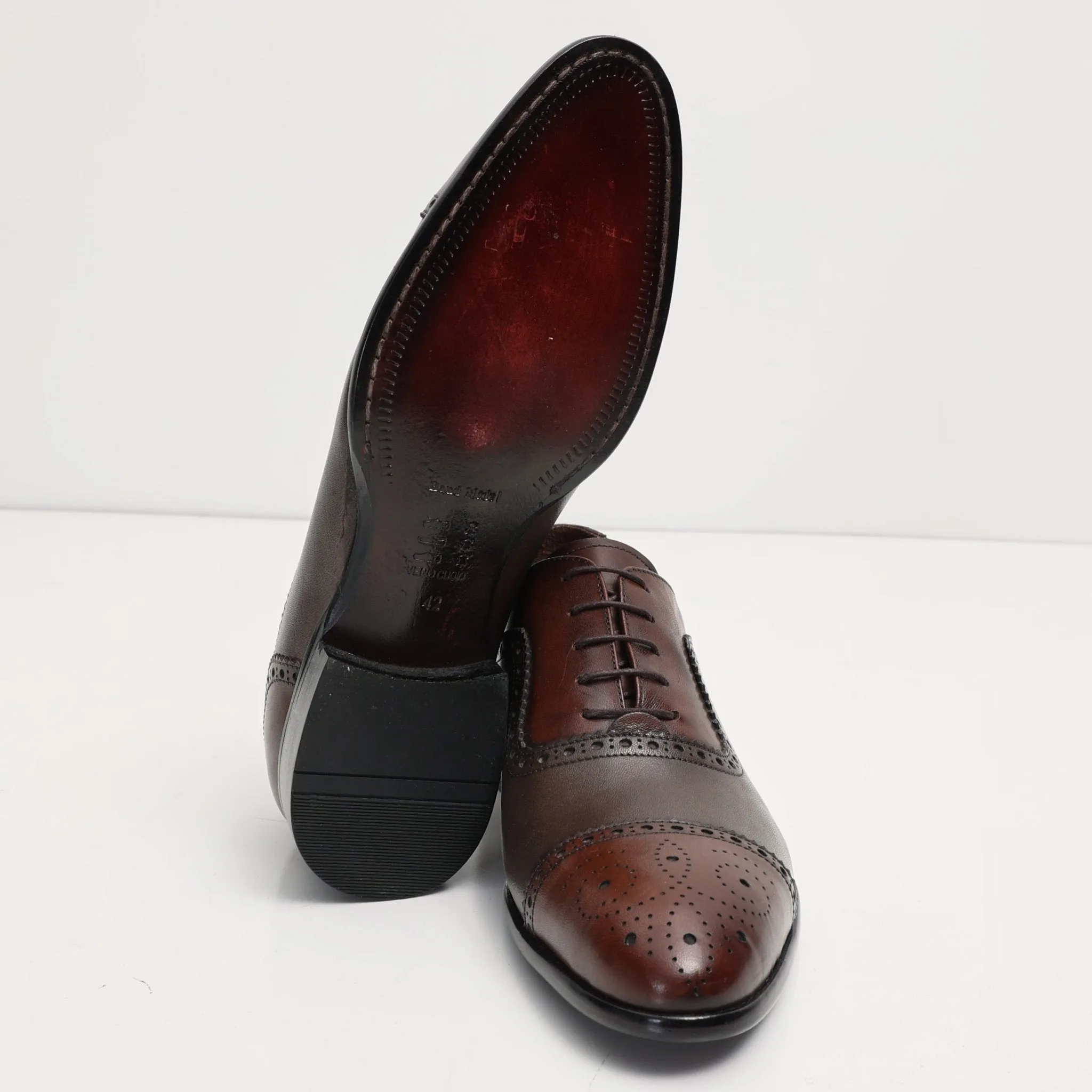 Hand Made Full Brogue Leather Cap Toe Derby Shoes - Brown & Green