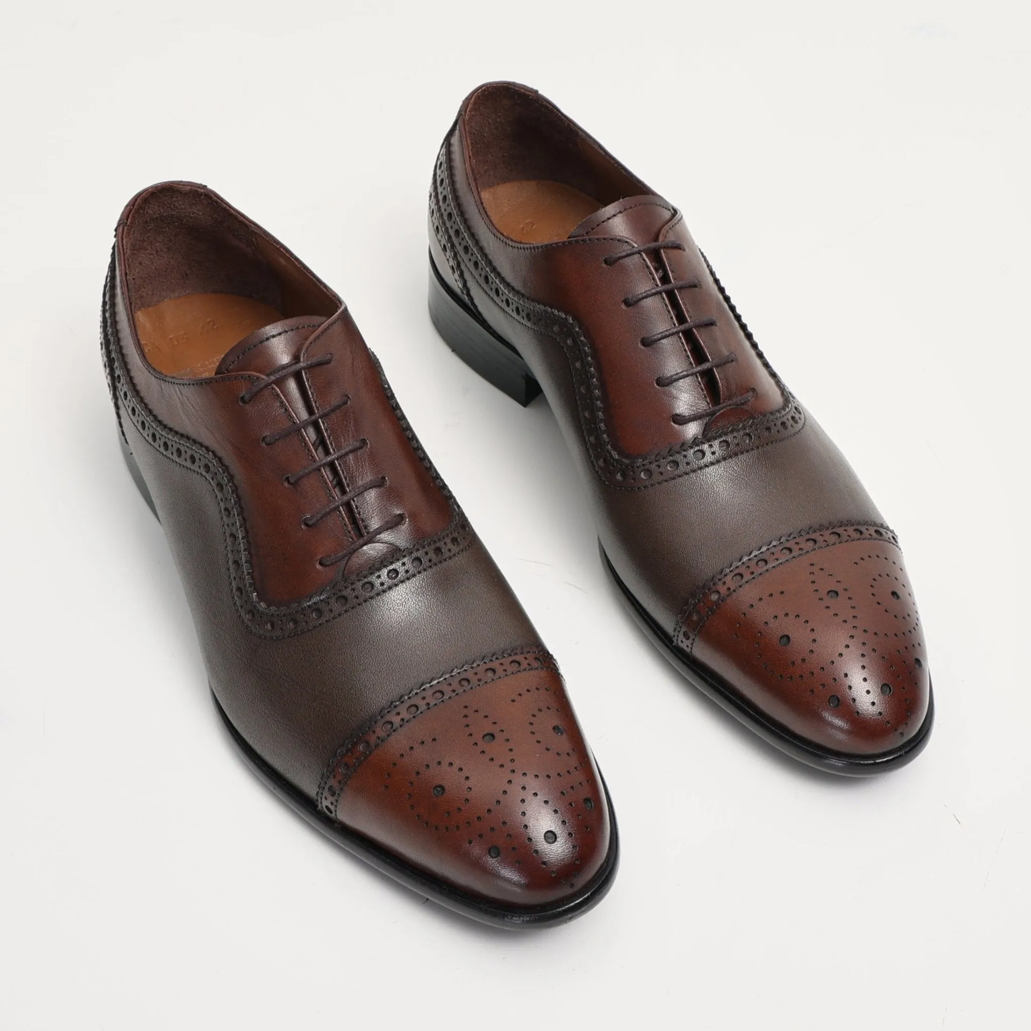 Hand Made Full Brogue Leather Cap Toe Derby Shoes - Brown & Green