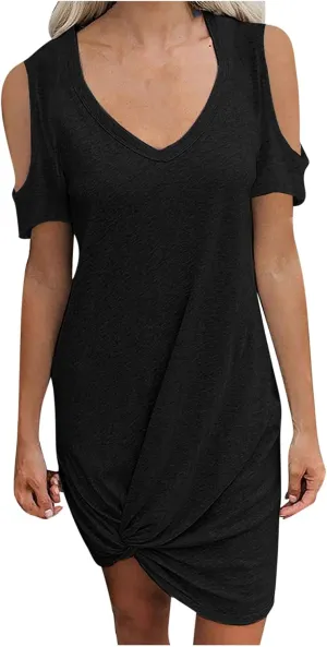 hlysgo Vacation Dress for Women Summer Cold Shoulder Short Sleeve V Neck Mini Dresses Casual Loose Twist Hem Going Out Dress