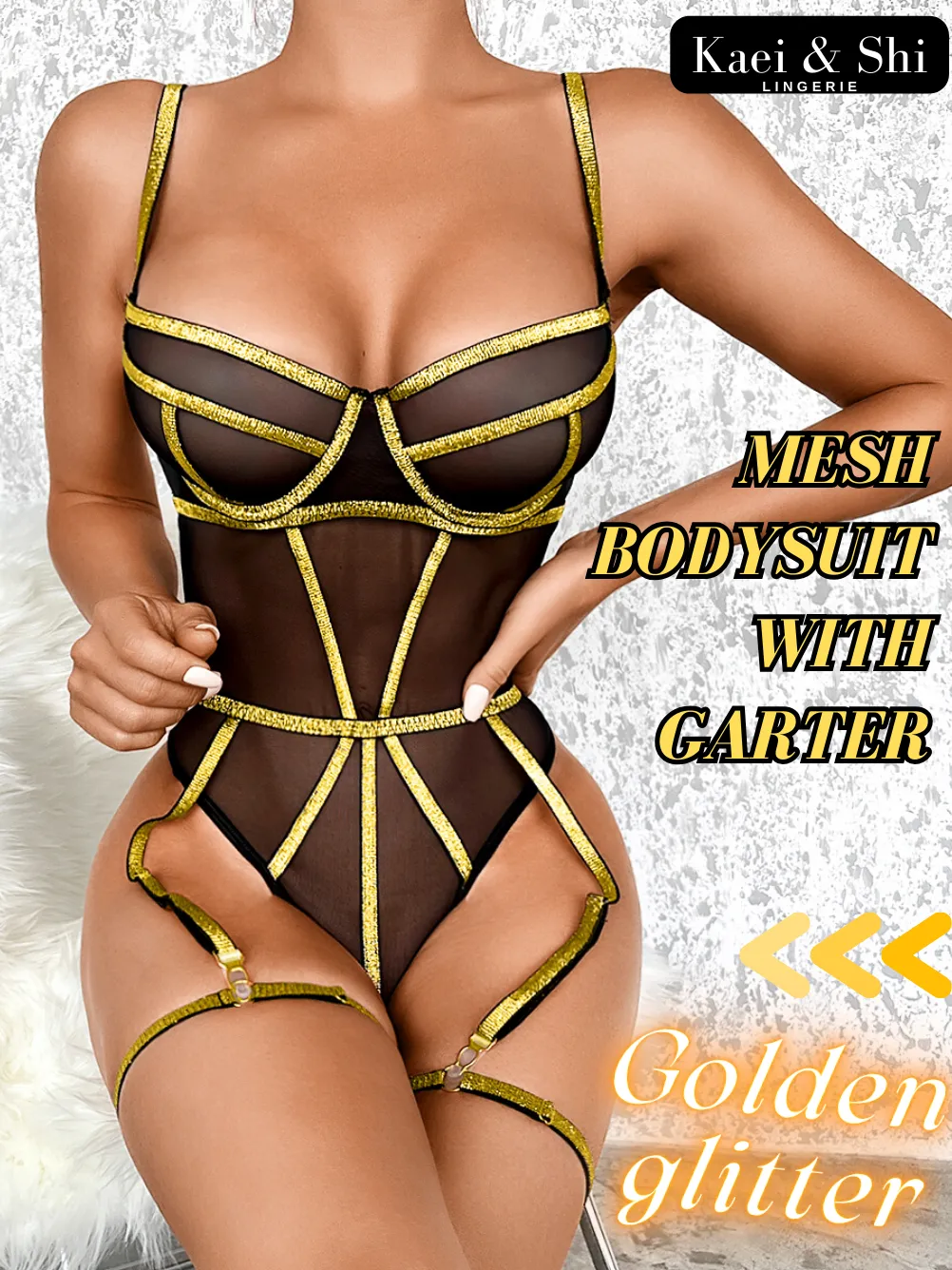 Kaei&Shi Shiny Strappy Mesh Bodysuit, Sexy Tops Clubwear, Lingerie Outfits