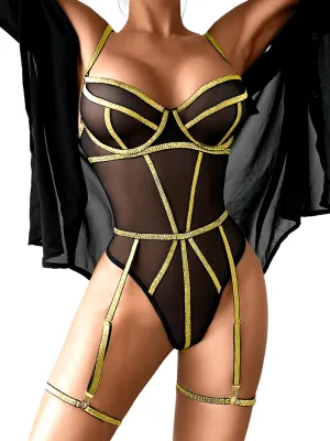 Kaei&Shi Shiny Strappy Mesh Bodysuit, Sexy Tops Clubwear, Lingerie Outfits