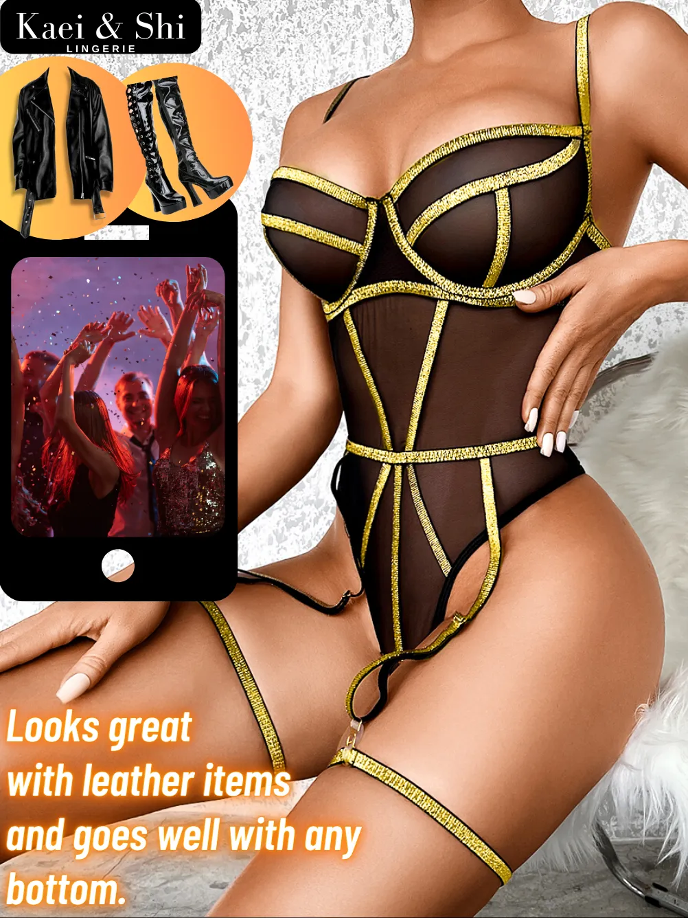 Kaei&Shi Shiny Strappy Mesh Bodysuit, Sexy Tops Clubwear, Lingerie Outfits