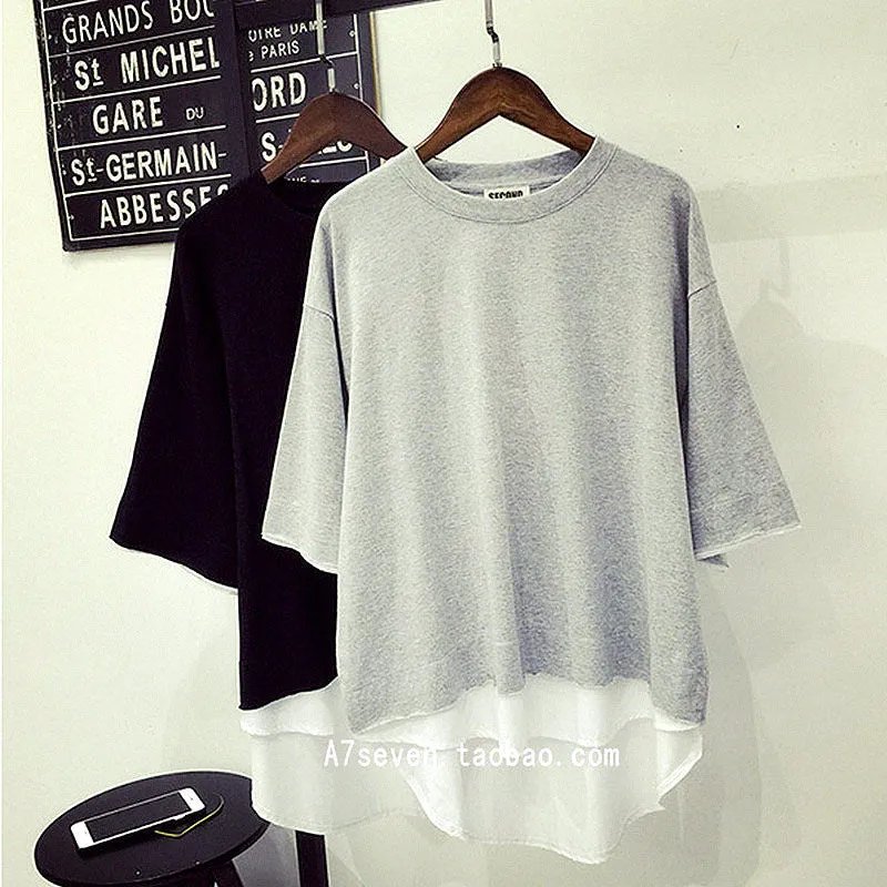 Korean Women Summer Short Sleeve Matching Loose Plus Size Tops False Two-Piece Trendy T-Shirt