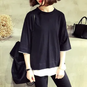 Korean Women Summer Short Sleeve Matching Loose Plus Size Tops False Two-Piece Trendy T-Shirt