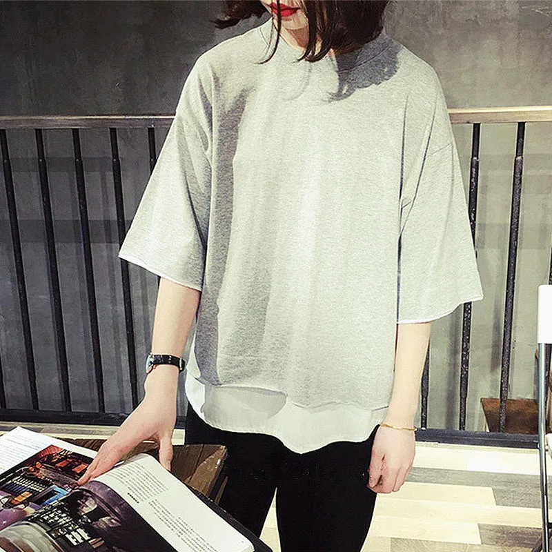 Korean Women Summer Short Sleeve Matching Loose Plus Size Tops False Two-Piece Trendy T-Shirt