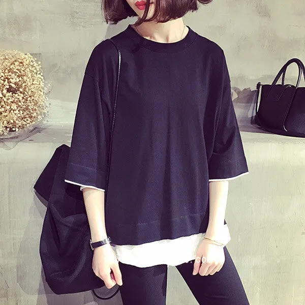 Korean Women Summer Short Sleeve Matching Loose Plus Size Tops False Two-Piece Trendy T-Shirt