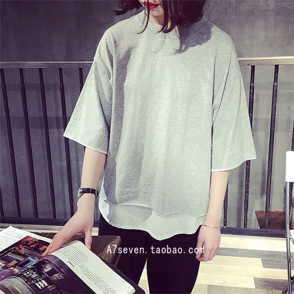 Korean Women Summer Short Sleeve Matching Loose Plus Size Tops False Two-Piece Trendy T-Shirt