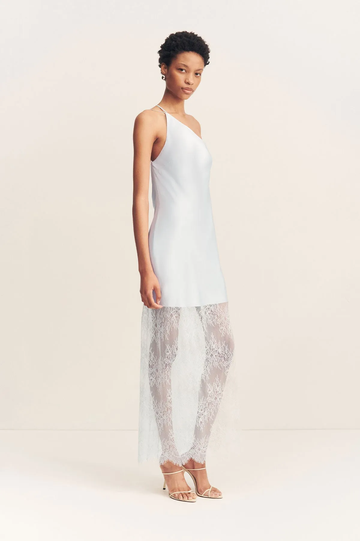 LABYRINTH LACE ONE SHOULDER COWL MAXI DRESS - PALE BLUE