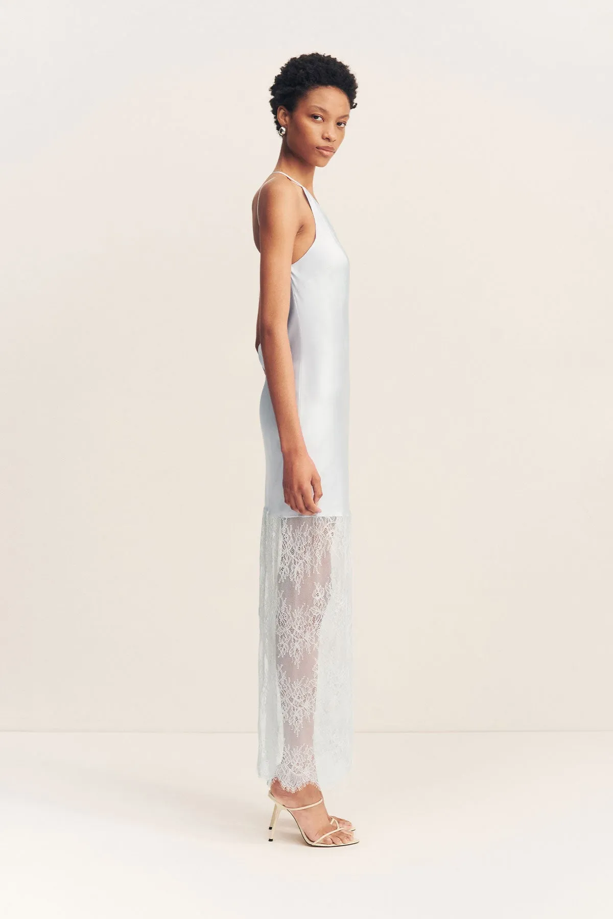 LABYRINTH LACE ONE SHOULDER COWL MAXI DRESS - PALE BLUE