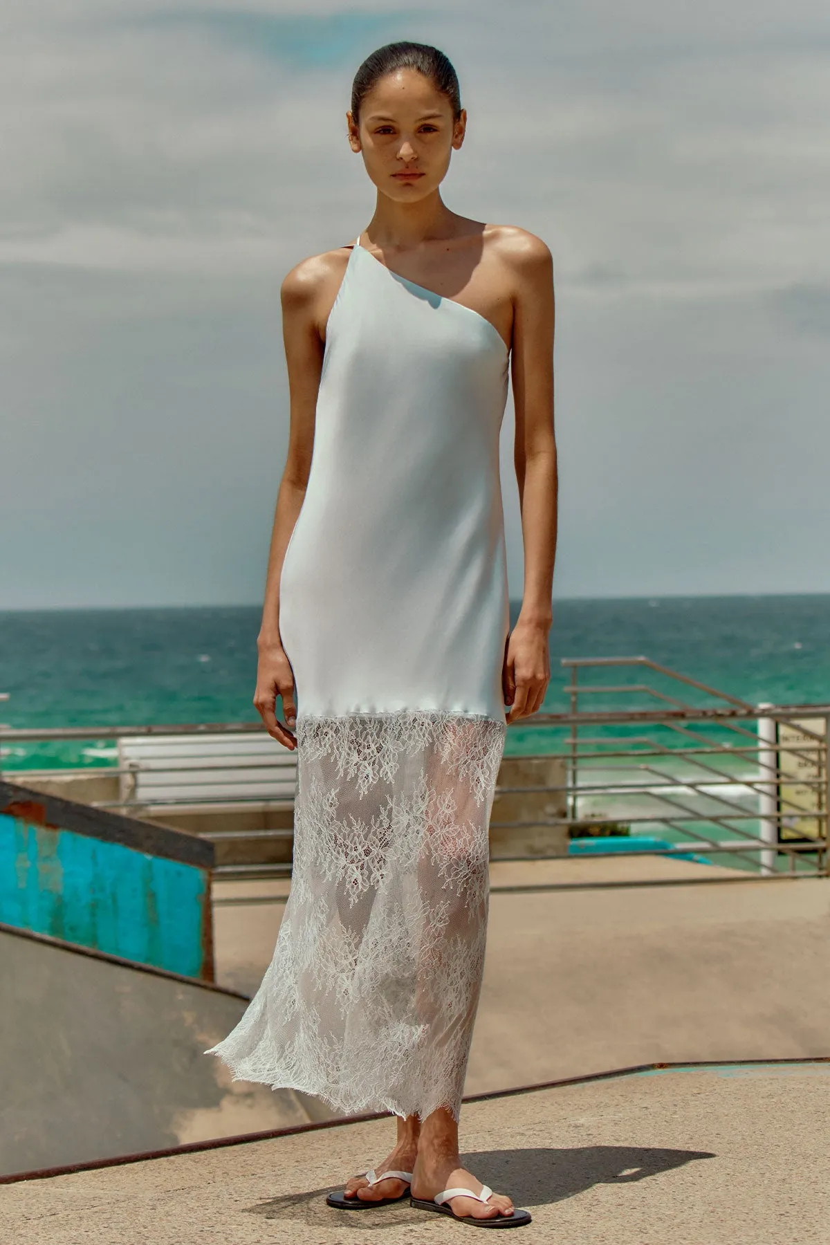 LABYRINTH LACE ONE SHOULDER COWL MAXI DRESS - PALE BLUE