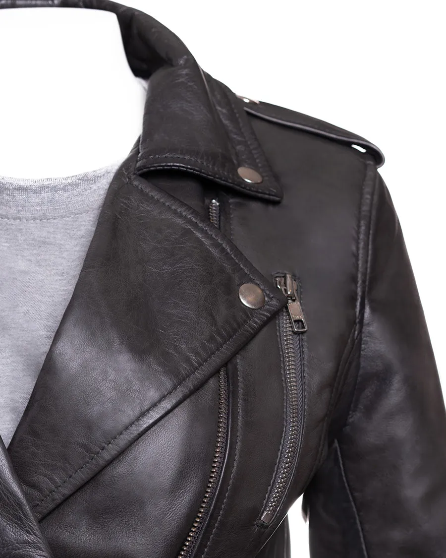 Ladies Grey Buckled Asymmetric Biker Style Leather Jacket: Angelica