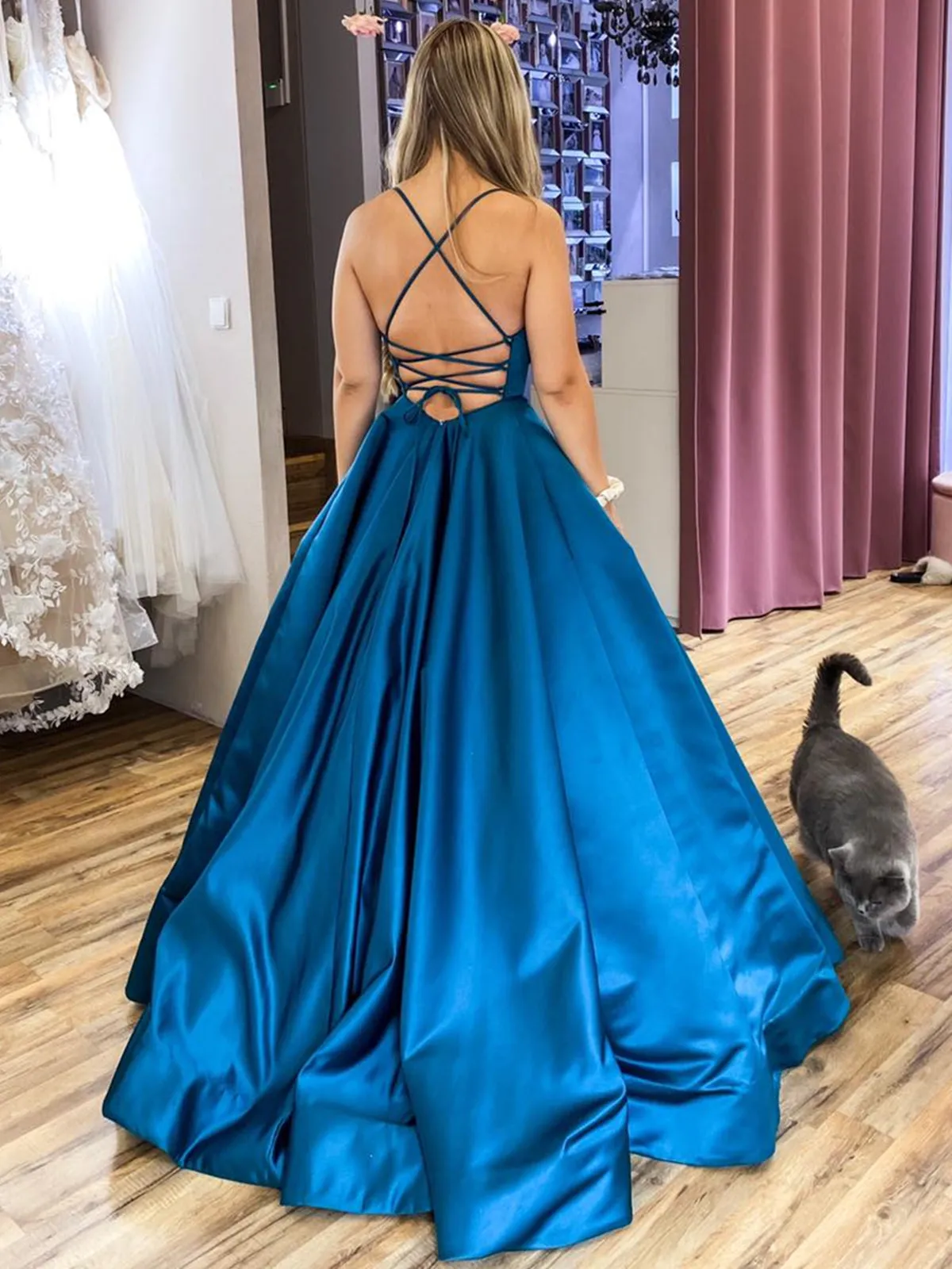 Long A-line Satin Backless Formal Prom Dresses with Belt