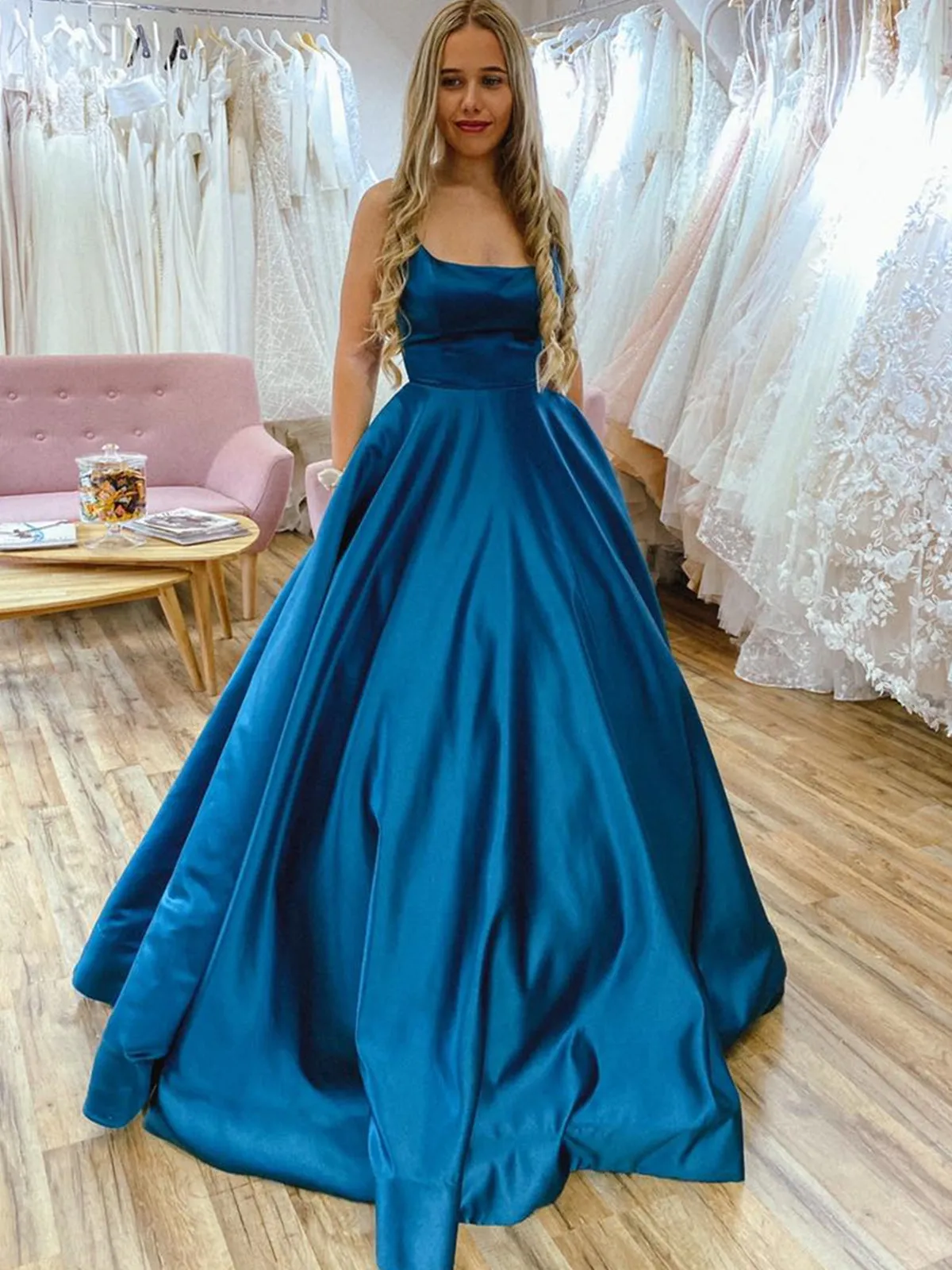 Long A-line Satin Backless Formal Prom Dresses with Belt