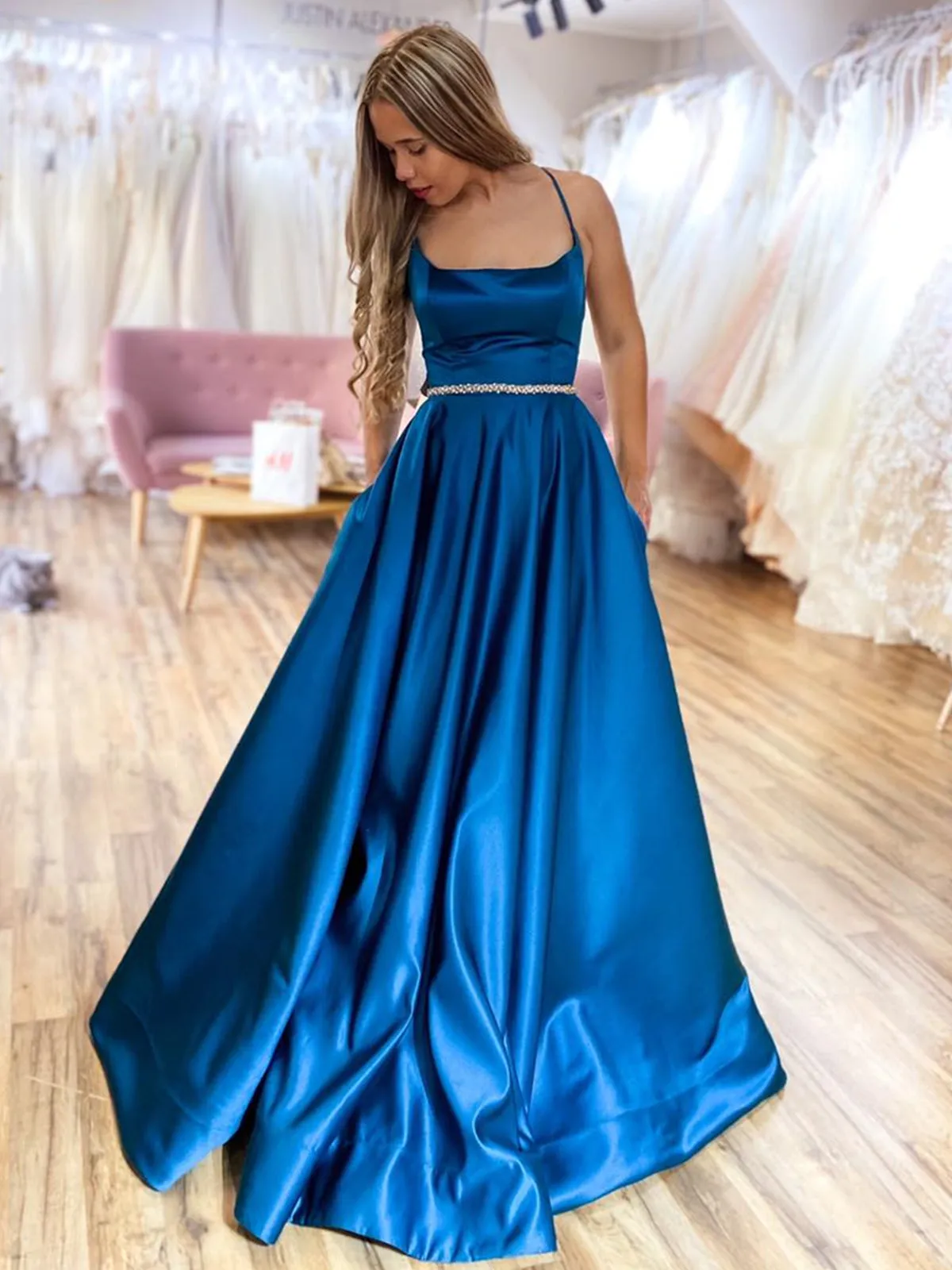 Long A-line Satin Backless Formal Prom Dresses with Belt