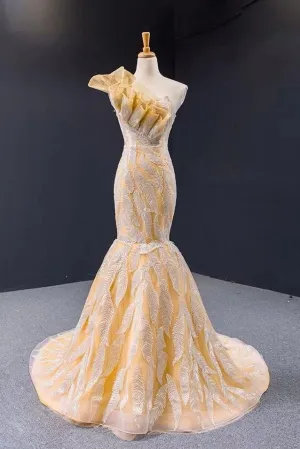 Luxurious Mermaid One Shoulder Long Prom Dresses Gorgeous Yellow Evening Dresses N2413