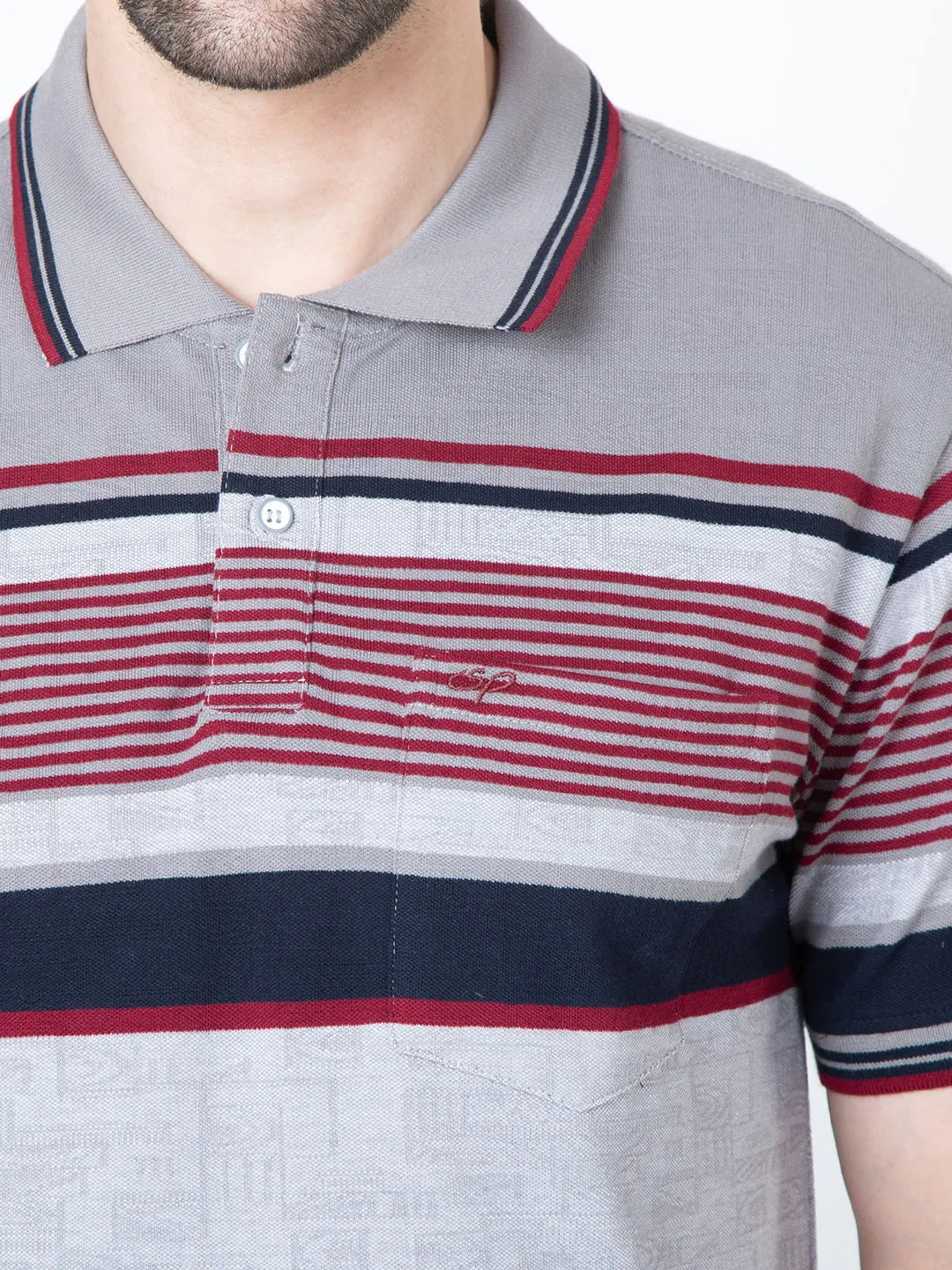 Men Polo Striper Lycra Grey T-Shirt