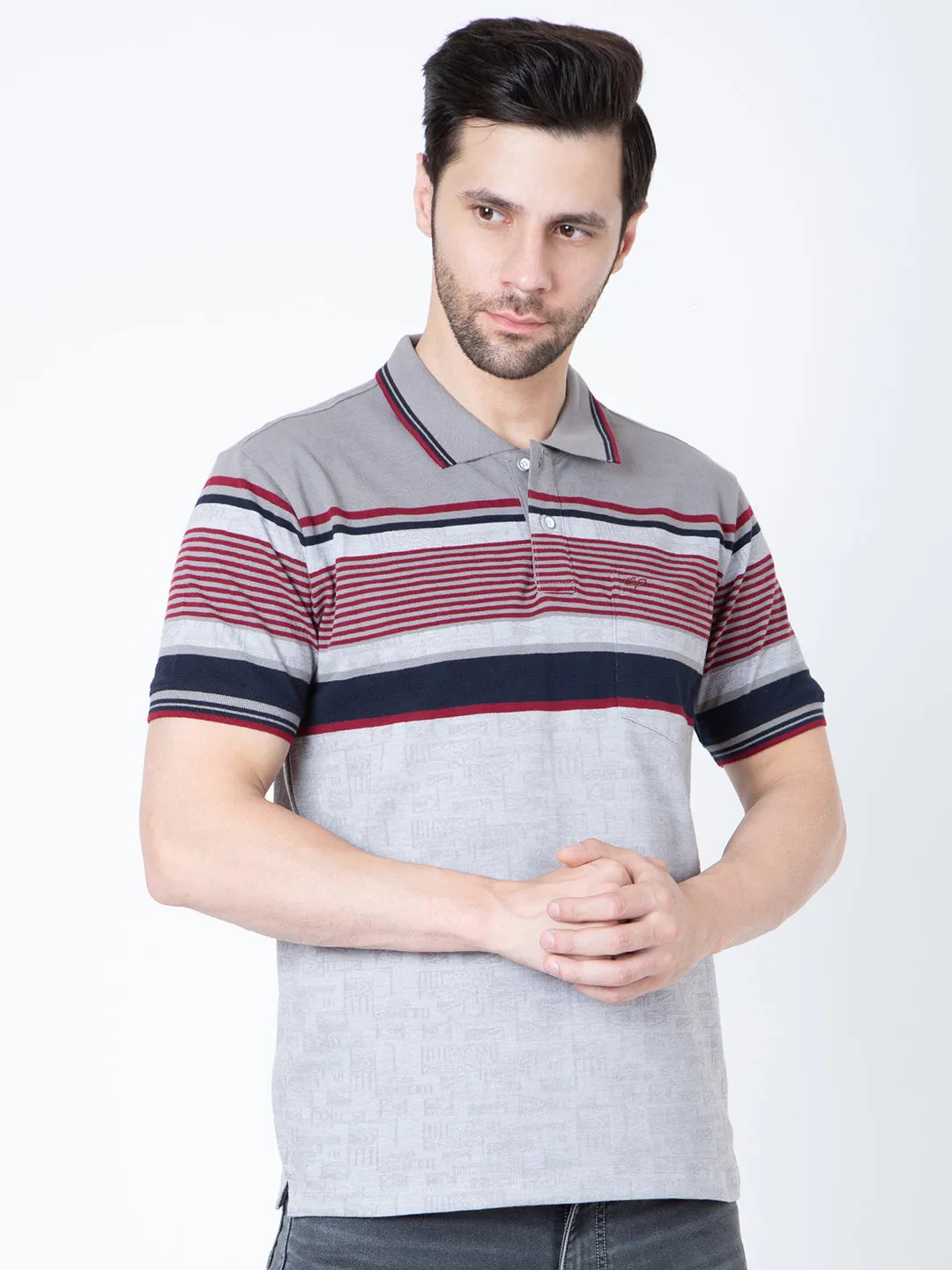 Men Polo Striper Lycra Grey T-Shirt