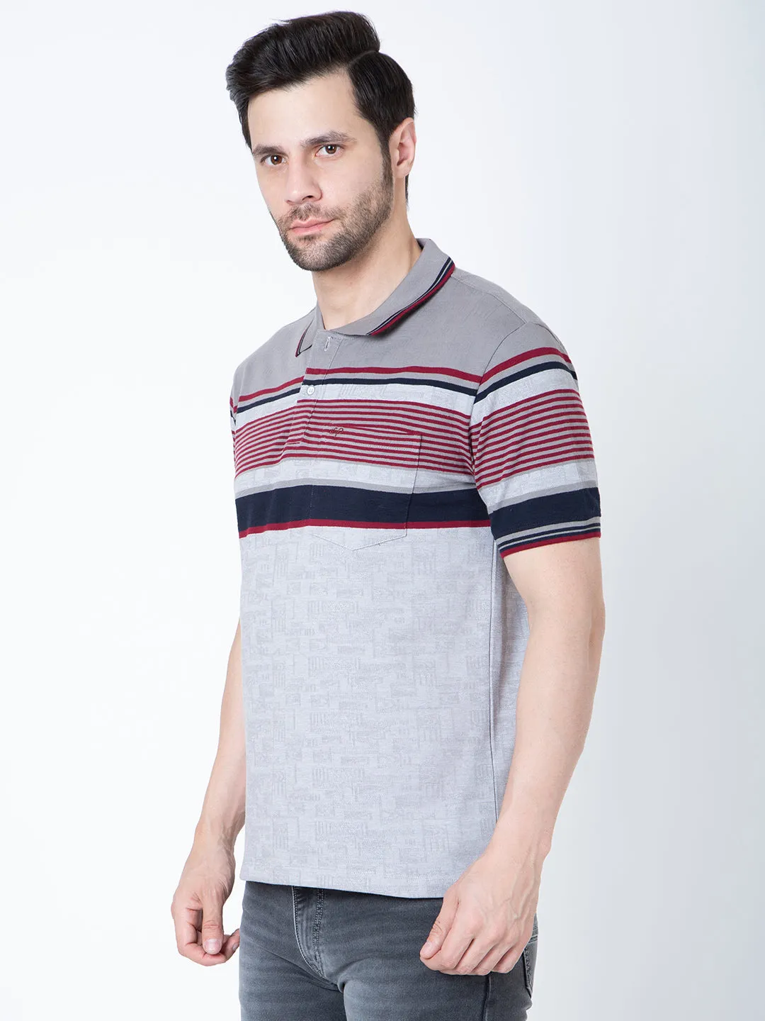 Men Polo Striper Lycra Grey T-Shirt