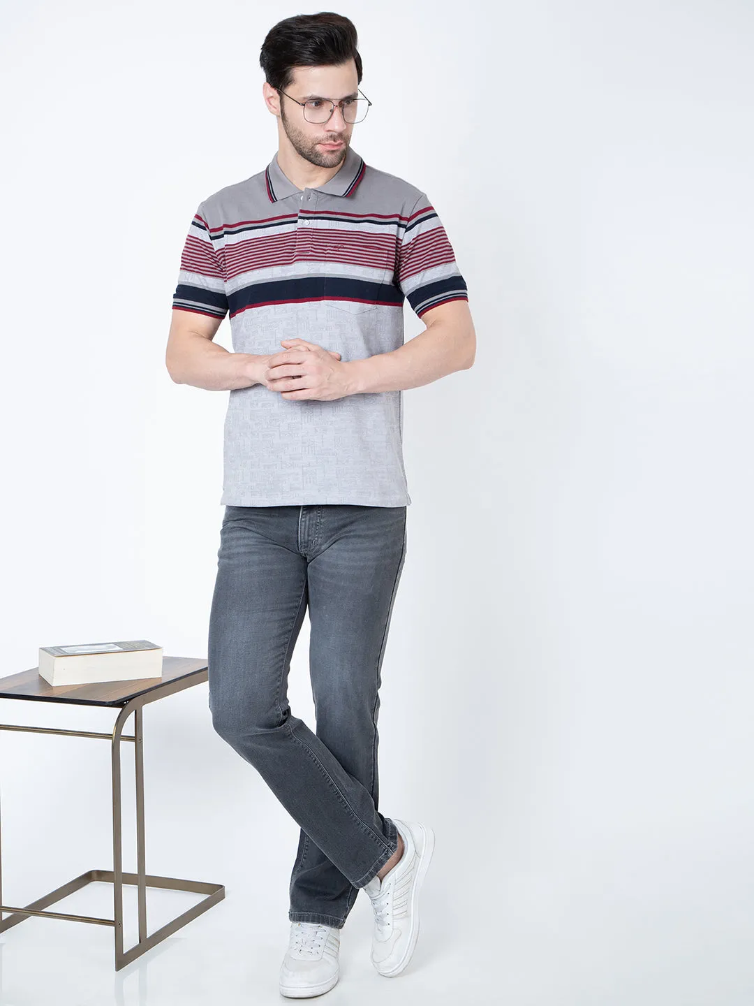 Men Polo Striper Lycra Grey T-Shirt
