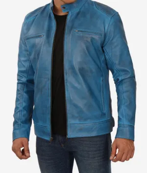 Mens Blue Lambskin Leather Cafe Racer Jacket