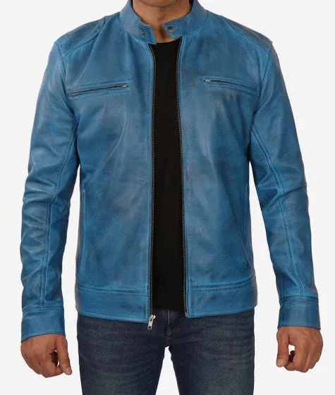 Mens Blue Lambskin Leather Cafe Racer Jacket