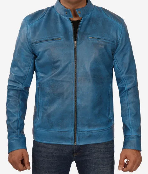 Mens Blue Lambskin Leather Cafe Racer Jacket